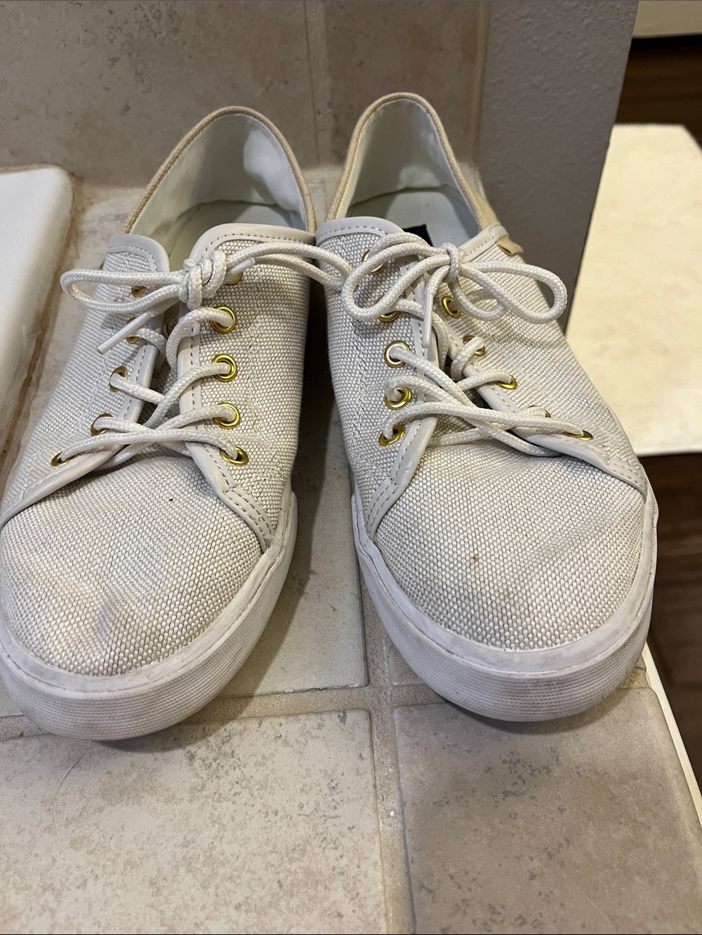 Tommy Hilfiger White Canvas Sneakers with Gold Eyelets